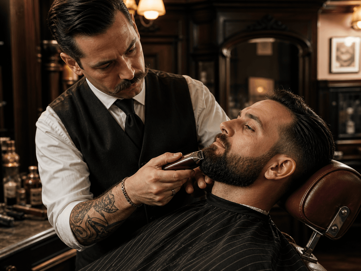 Barber shaping a client's beard