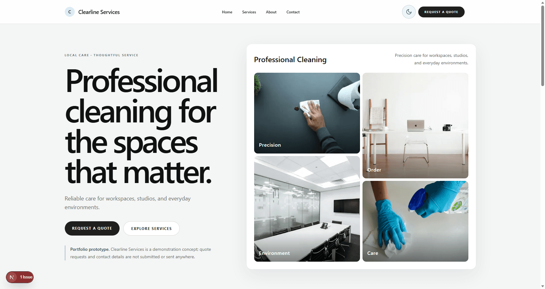 Clearline Services landing page without the portfolio close control