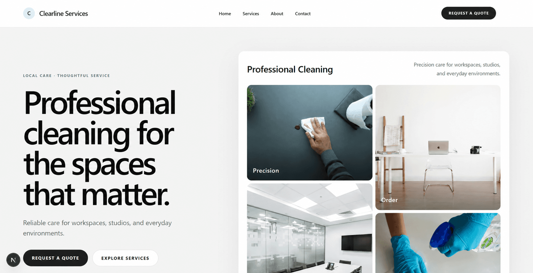 Clearline Services landing page without the portfolio close control